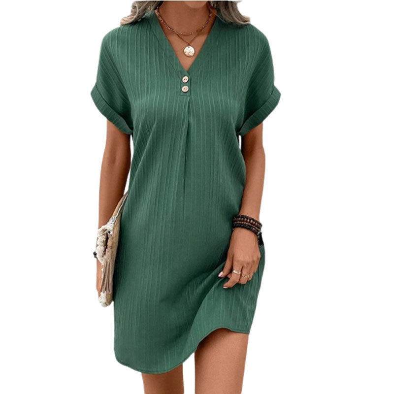 V-Neck Plain Colour Pullover Dress with Button