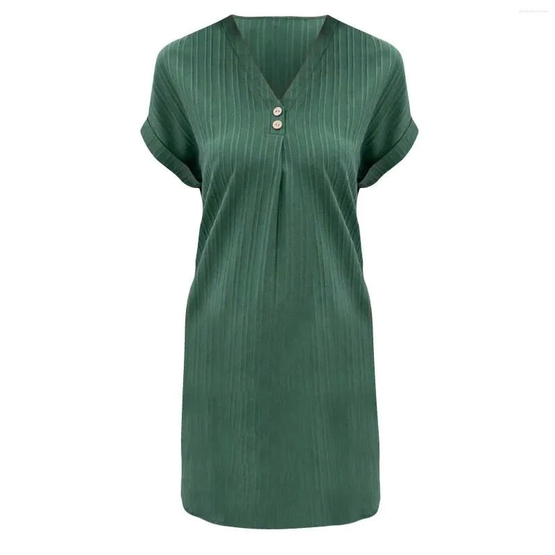 V-Neck Plain Colour Pullover Dress with Button