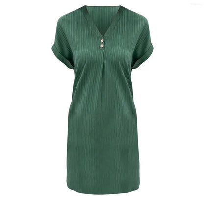 V-Neck Plain Colour Pullover Dress with Button