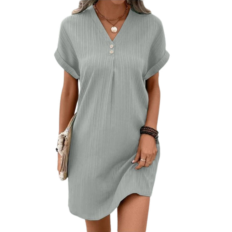 V-Neck Plain Colour Pullover Dress with Button