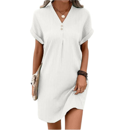 V-Neck Plain Colour Pullover Dress with Button