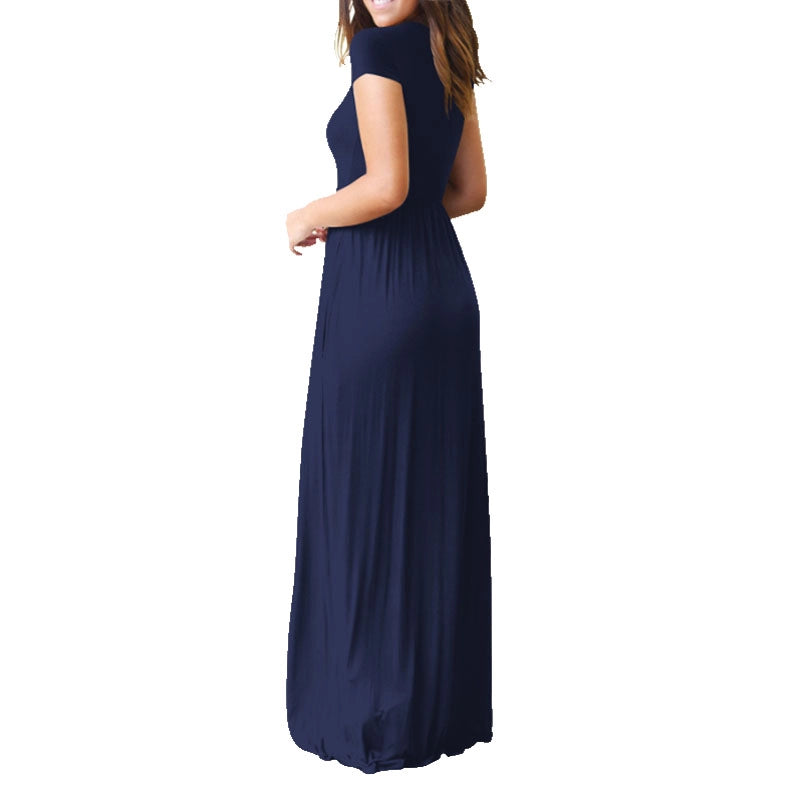 Women's Round Neck Solid Colour Dress With Pockets