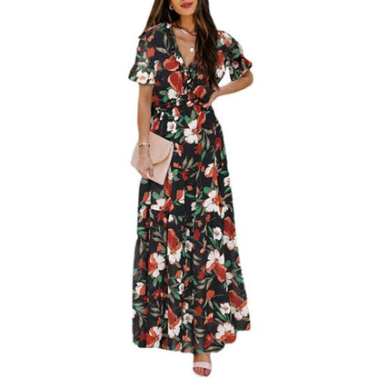 Women's V-Neck Printed Maxi Dress