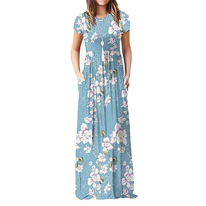 Round Neck Printed Floral Dress With Loose Pocket